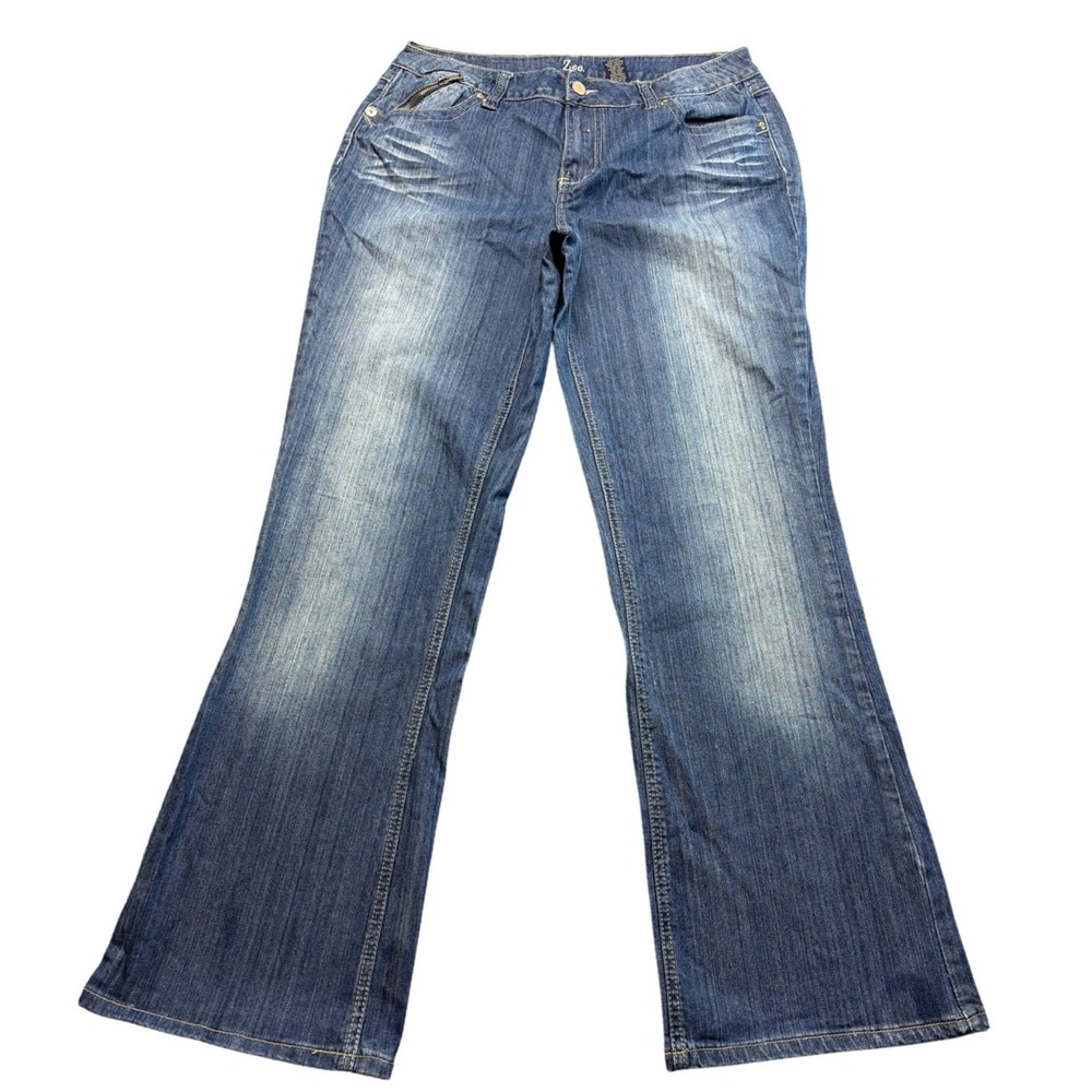 Z.co Womens Flare Leg Jeans Blue Denim‎ Whiskered Sandblasted Size 14 Stretch